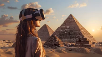Foto op Canvas Woman Exploring Pyramids with VR Headset in Historical Style, This image showcases the potential of virtual reality technology in education, offering © pkproject