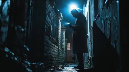 Detective with flashlight investigating a mysterious scene in a dark alley