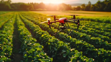 A Drone Hovers Over Crops in a Field, To showcase the use of drones in modern agriculture for sustainable and efficient farming practices
