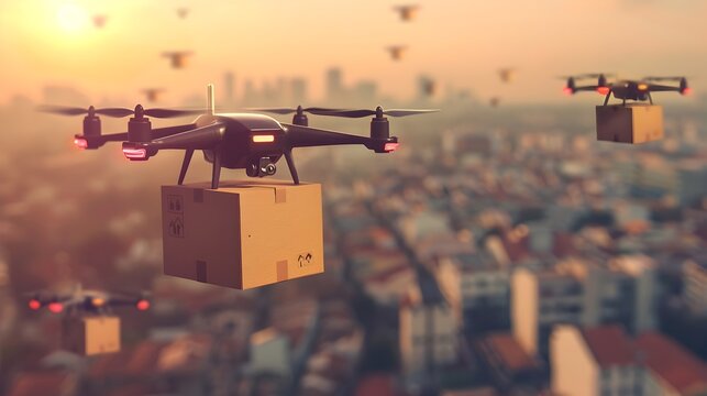 Delivery Drones Soaring Over City, To showcase the convenience and efficiency of delivery drones in urban environments