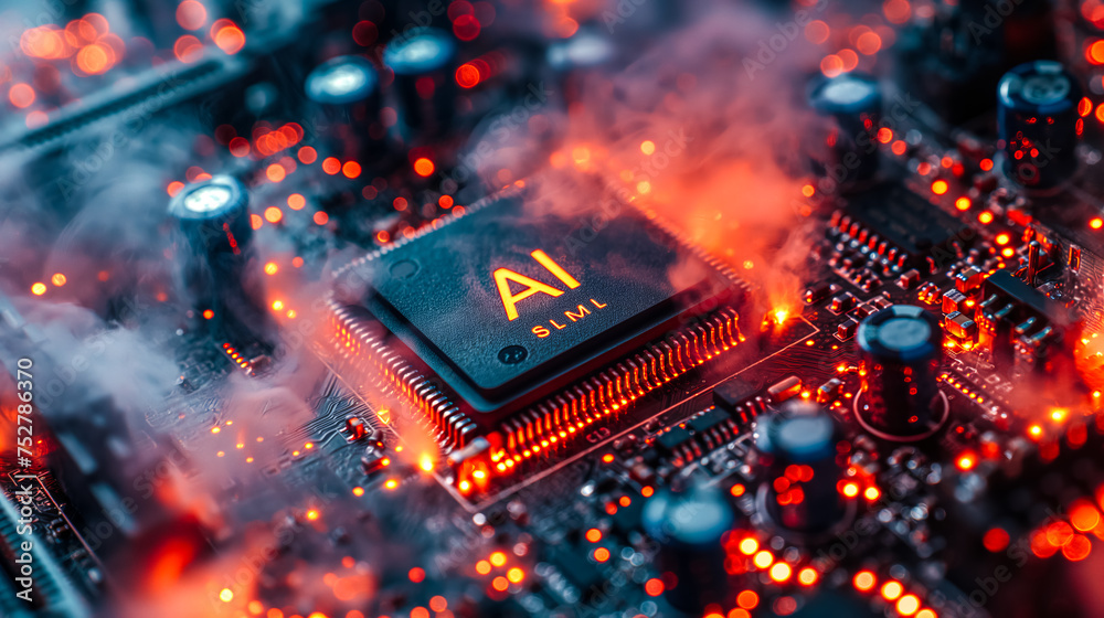 Aufkleber advanced computer processor chip with ai acceleration is burning in dark digital environment.