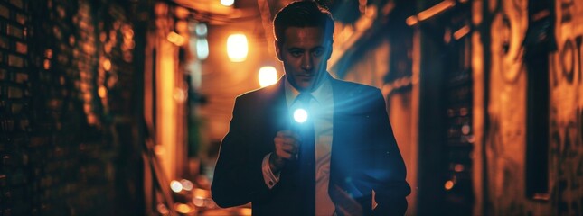 Enigmatic man in suit conducting a nighttime investigation with a flashlight - obrazy, fototapety, plakaty