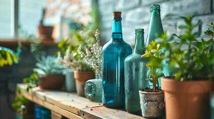 Blue Bottles and Plants on Wooden Shelf, To add a touch of vintage style and natural beauty to home or office decor