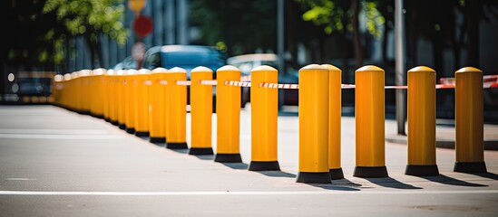 Vibrant array of yellow security barriers blocking access to a construction site - obrazy, fototapety, plakaty