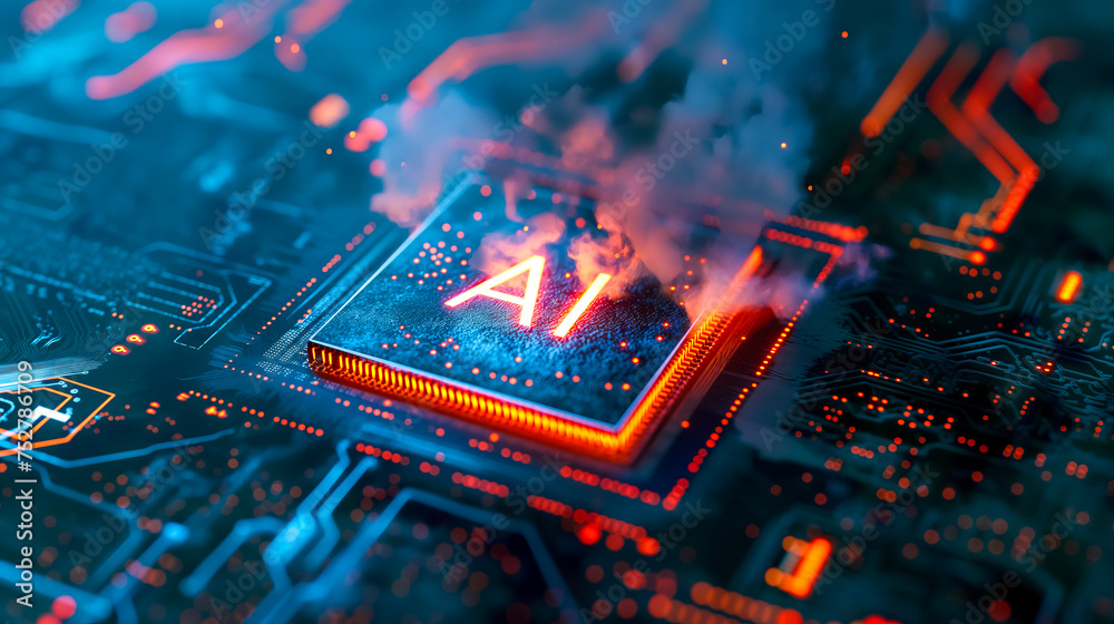 Poster advanced computer processor chip with ai acceleration is burning in dark digital environment.