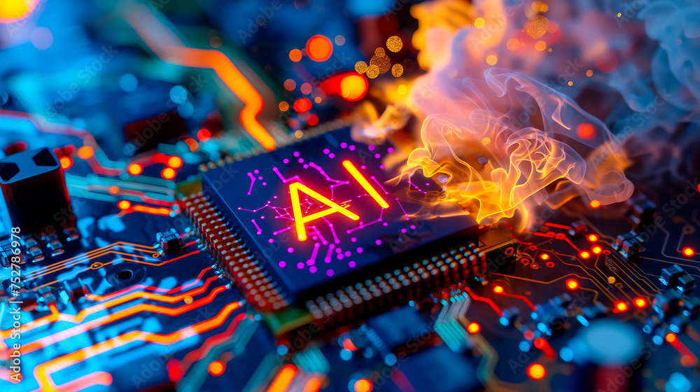 Poster advanced computer processor chip with ai acceleration is burning in dark digital environment.