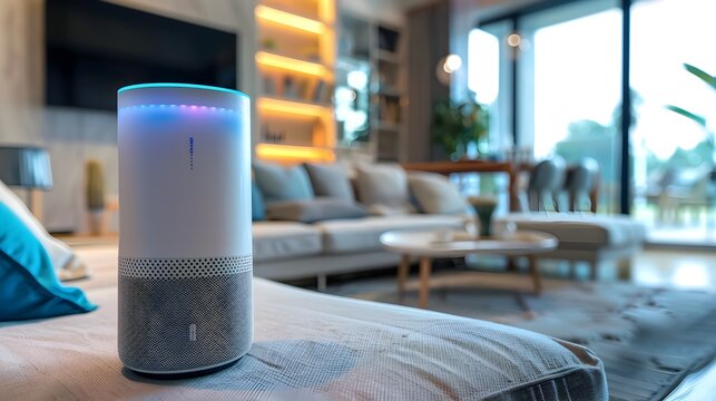 Smart Speaker in Futuristic Living Room, To represent the integration of smart technology in modern home living