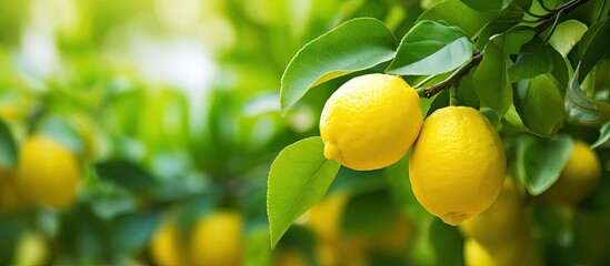 Fresh Ripe Lemons Hang from Lush Green Tree Branches in a Vibrant Citrus Grove