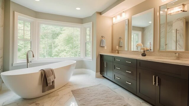 The once cramped and dated bathroom has been reconfigured now featuring a double vanity and a luxurious soaking tub for a spalike retreat.