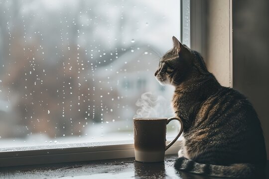 Cat looking out a window with a hot coffee on the sill. Cute pet concept. Design for banner, poster. Comfort and cozy home