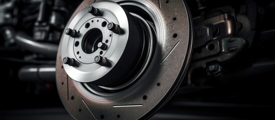 Close-up of a Sleek Brake Disc Detail on a Modern Vehicle in Mechanics Workshop