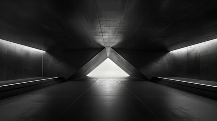 A symmetrical concrete tunnel leading towards a light, in a minimalist, geometric design.