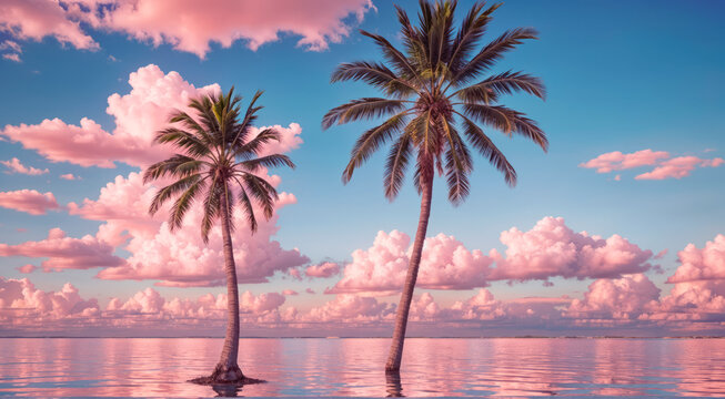 Palm tree on the background of a beautiful sunset and water