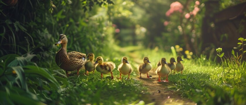 Mother duck leading ducklings through a lush garden in springtime