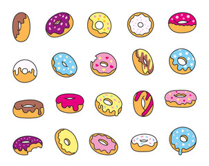 Donuts with glaze. Sweet doughnuts. Chocolate confectionery. Hand drawn style. Vector drawing. Collection of design elements.