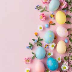 Fototapeta na wymiar Colorful Easter eggs amidst spring flowers displayed tastefully on a soft pink backdrop, evoking the freshness of spring and new beginnings
