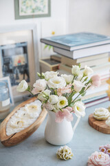 Small bouquet with white and pink eustoma in the interior