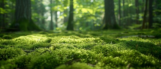Vibrant green moss covering the forest floor in a sunlit woodland
