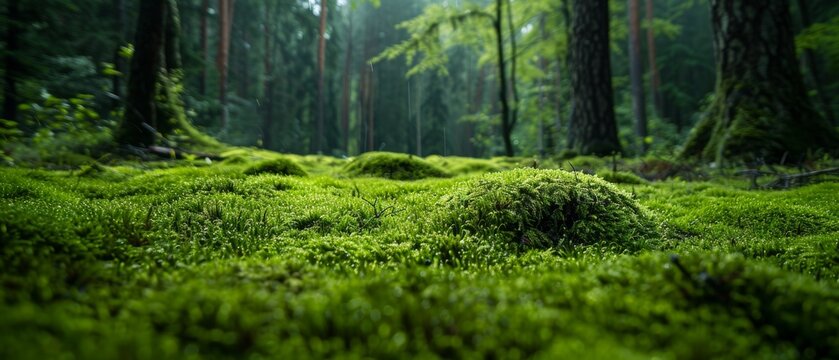 Vibrant green moss covering the forest floor in a sunlit woodland
