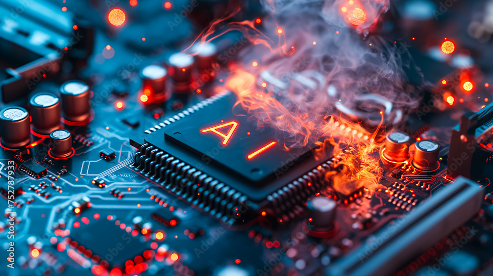 Poster advanced computer processor chip with ai acceleration is burning in dark digital environment.