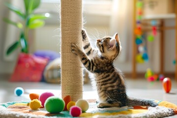 Kitten scratching a sisal rope post with toys around. Cute curious pet concept. Design for banner, poster.  - obrazy, fototapety, plakaty