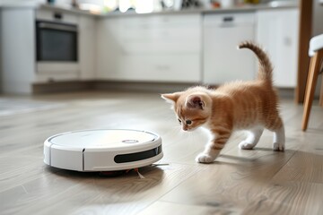 Ginger kitten observing a robotic vacuum cleaner. Cute curious pet concept. Design for banner, poster. Modern home