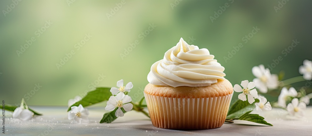 Wall mural Delicious Cupcake with Creamy White Frosting and Colorful Sprinkles