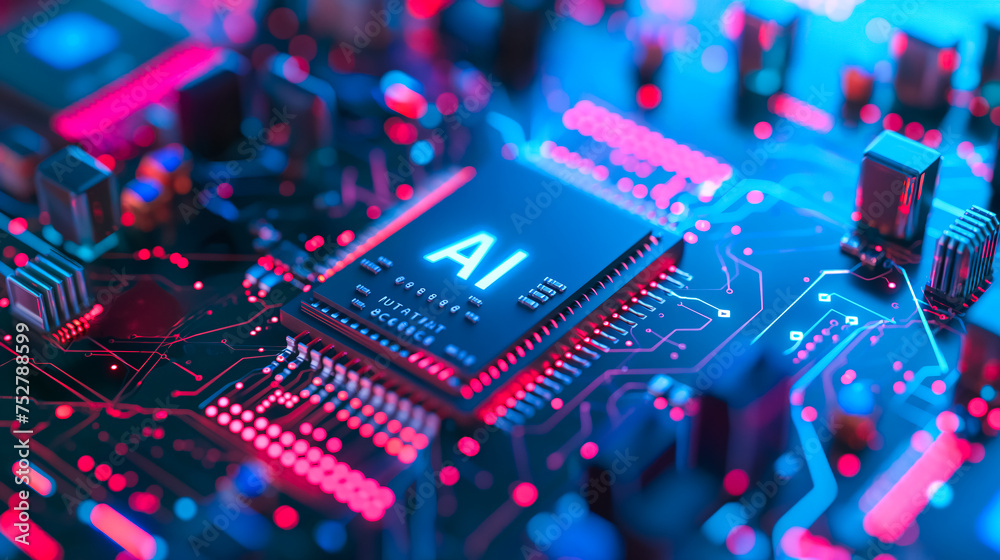 Poster advanced computer processor chip with ai acceleration in dark digital environment.