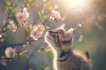 Fotobehang Kitten sniffing spring blossoms. Cute pet concept. Design for banner, poster. Spring season and springtime beauty © dreamdes