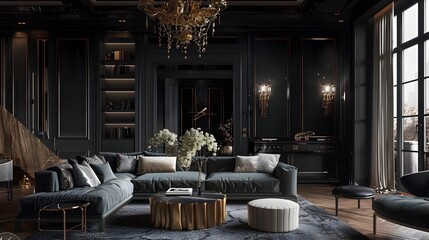Fototapeta na wymiar Luxurious Black and Gold Living Room in Realistic Renderings, To showcase a high-end and luxurious living room design in black and gold for interior