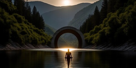 Beneath the majestic arch bridge, a tunnel emerges, its reflection mirrored in the tranquil waters below, creating a mesmerizing visual spectacle - obrazy, fototapety, plakaty