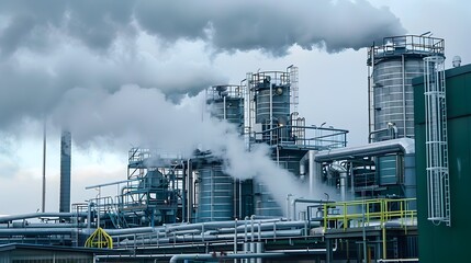 Fototapeta premium Industrial Plant Emitting Smoke in Wet-on-Wet Blending Style, To convey the power and might of industrialization while also highlighting the
