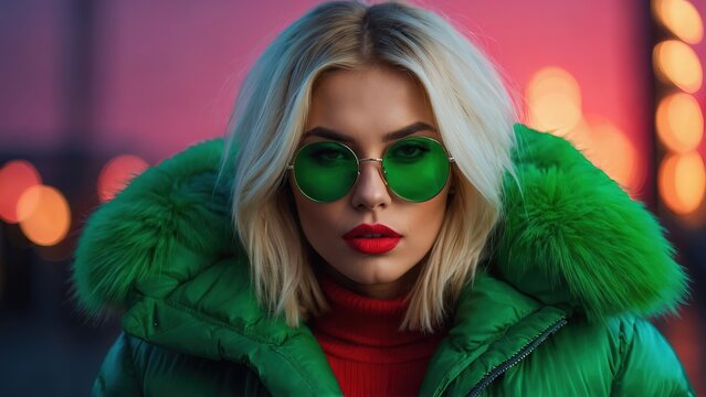 Fashion blonde girl with a green glowing neon puffer jacket and modern glasses