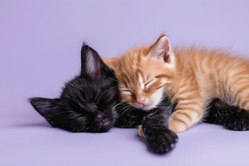 Black and ginger kittens sleeping together on a purple background. Cute pet concept. Design for banner, poster. Studio portrait