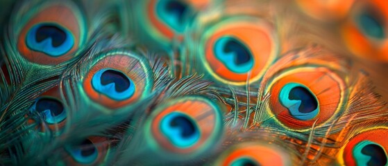 Close-up of vibrant and colorful iridescent peacock feathers
