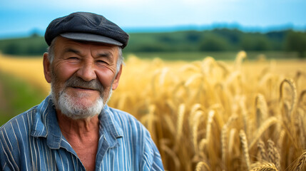 Naklejka na ściany i meble Old farmer with a crop field in background