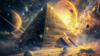 A pyramid of wisdom, surrounded by planets. Eternal temple of wisdom, esoteric, hermetic and cabal fantasy concept. - obrazy, fototapety, plakaty