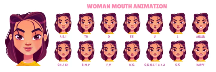 Deurstickers Woman mouth animation kit. Cartoon vector illustration set of young female character face with various positions of lips and tongue during talking and pronunciation of english alphabet for animation. © klyaksun