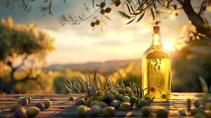 A bottle of olive oil and olives in a rural Mediterranean setup
