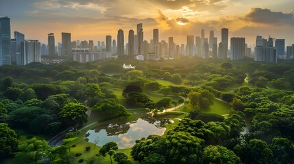 Singapore City and Green Park at Sunset, To showcase the harmony between urban development and nature in Singapore