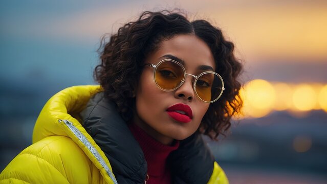 Fashion black girl with a yellow glowing neon puffer jacket and modern glasses