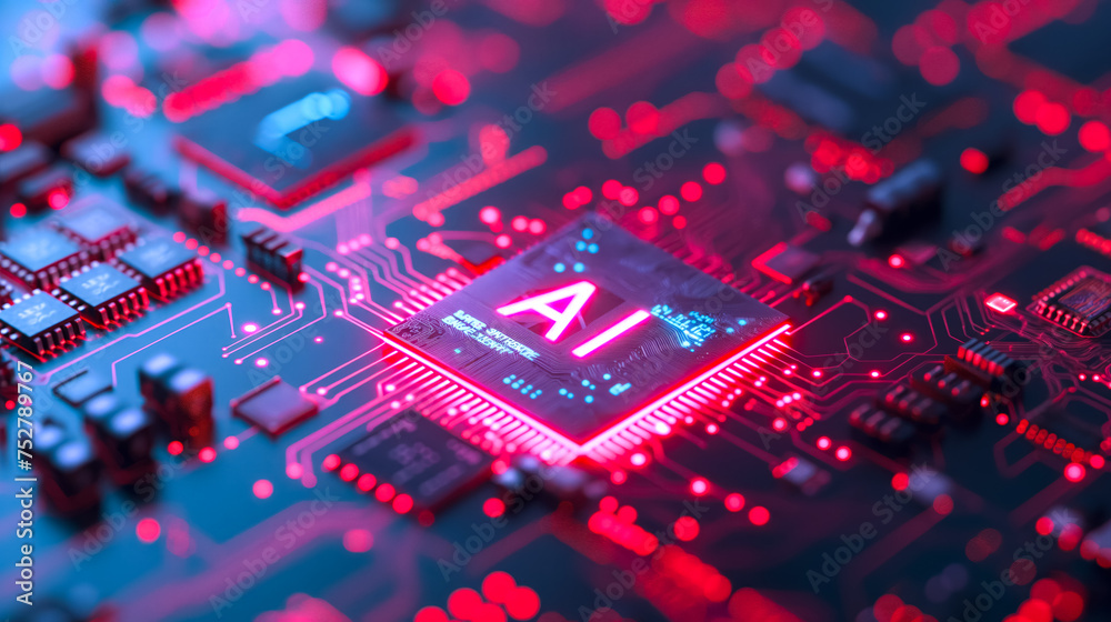 Poster advanced computer processor chip with ai acceleration in dark digital environment.