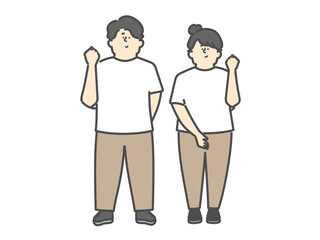 ガッツポーズをする男女の介護士　全身