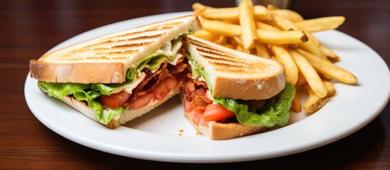 Delicious Sandwich and Golden Fries Served on a Plate in Rustic Setting