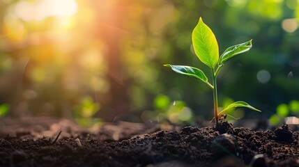 Fototapeta premium Sunlight Shining on a Small Plant Sprouting from Soil, To convey a message of growth, renewal, and environmental awareness