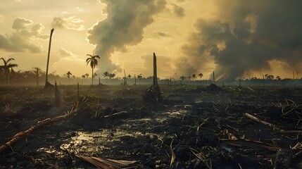 Palm Oil Plantation Fire at Sunset in Peru, This image depicts the devastating effects of unsustainable agricultural practices and environmental - obrazy, fototapety, plakaty