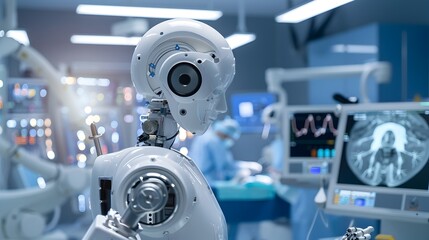 Fototapeta na wymiar Robot in Operating Room A Look into the Future of Healthcare, To showcase the integration of technology and healthcare, and the potential for