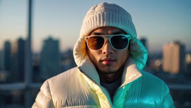Fashion asian man with a white glowing neon puffer jacket and modern glasses