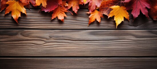 Naklejka na ściany i meble Rustic Wooden Background Adorned with Colorful Autumn Leaves - Seasonal Nature Concept
