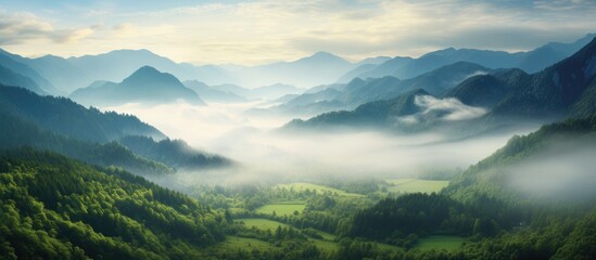 Majestic Mountain Range Embracing a Serene Valley in the Heart of Nature's Beauty - obrazy, fototapety, plakaty